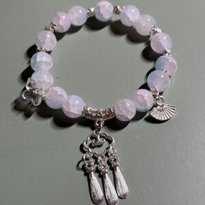 Brand New White/Pink/Blue Beaded Bracelet with Silver Charm Accents Diameter 2''